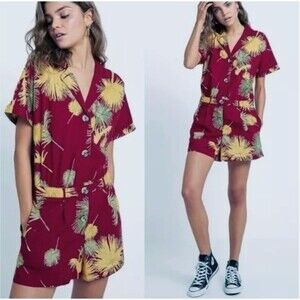 Free People Romper Womens XS Red Malibu Tropical Button Hawaiian Beach Travel